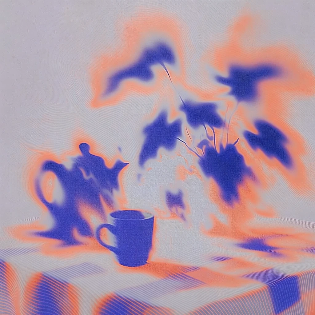 abstract lo-fi composition of household objects like a kettle, a ceramic mug, and leafy indoor plants on a wavy checkered tablecloth, ethereal periwinkle blue silhouettes bleeding into soft apricot orange auras, heavy film grain, risograph-inspired dithering, intentional motion blur and liquid-like smudging, moiré scanline textures, high-contrast dreamlike aesthetic, soft diffused lighting, minimalist off-white backdrop, nostalgic airbrushed feel.