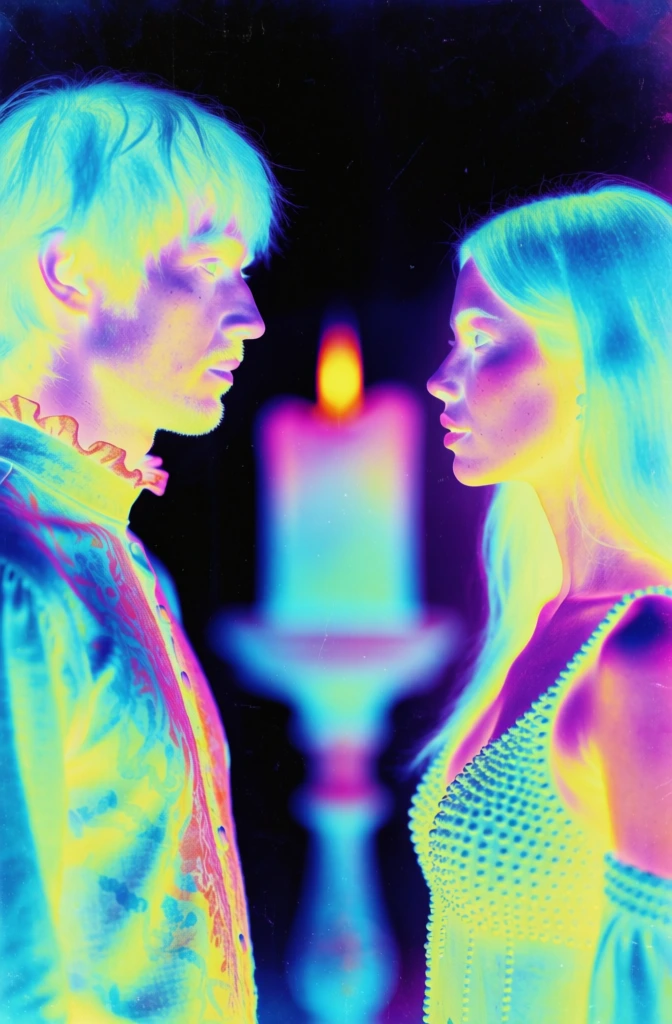 man and woman looking at each other, man on left wearing decorated top with ruffled collar, woman on right wearing beaded top, large glowing candle on a stand between them in background, high-contrast thermal imaging aesthetic, solarized false-color palette of electric cyan blue and neon magenta pink and acid yellow, heavy digital grain and analog noise, glowing edges and distorted silhouettes, lo-fi psychedelic texture, deep black void background, chromatic aberration on edges.