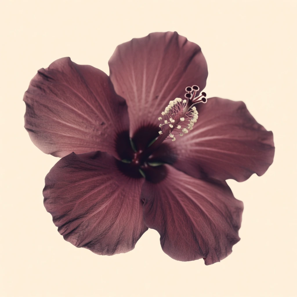 A single maroon hibiscus flower is centered against a solid, pale cream background. The flower consists of five wide, overlapping petals with a velvety appearance and prominent radial veining that converges towards the deep, dark center. The petals exhibit various shades of burgundy, with darker saturation in the folds and lighter, more faded tones along the ruffled edges. Emerging from the upper right side of the flower's center is a long, curved style tipped with multiple small, white anthers that create a delicate, speckled pattern. The composition is minimalist and formal, focusing entirely on the botanical details of the bloom. The lighting is soft and diffuse, highlighting the intricate textures of the petals while maintaining a flat, uniform backdrop. The overall aesthetic is characterized by a vintage or artistic style, featuring a muted color palette and a clean, isolated subject.