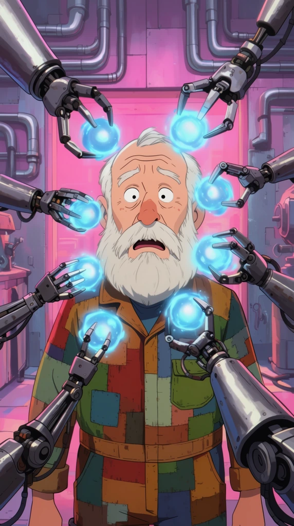 elderly man with a thick white beard wearing a patchwork mechanic's jumpsuit, looking overwhelmed and bewildered, surrounded by numerous metallic robotic arms, robotic claws thrusting glowing blue energy spheres toward the man's face, chaotic composition, futuristic metallic laboratory setting, neon pink ambient lighting, silver conduit pipes on the background walls, stylized 2D animation, vibrant colors, dynamic close-up framing, high tension