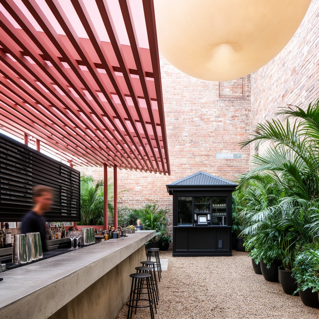 outdoor courtyard bar, long concrete counter under a reddish-pink slatted awning, black slatted menu board, crushed gravel floor, blurred bartender, standalone black kiosk with hipped roof, lush potted palms, tall brick wall, oversized spherical pale light fixture overhead, bright natural daylight, architectural photography