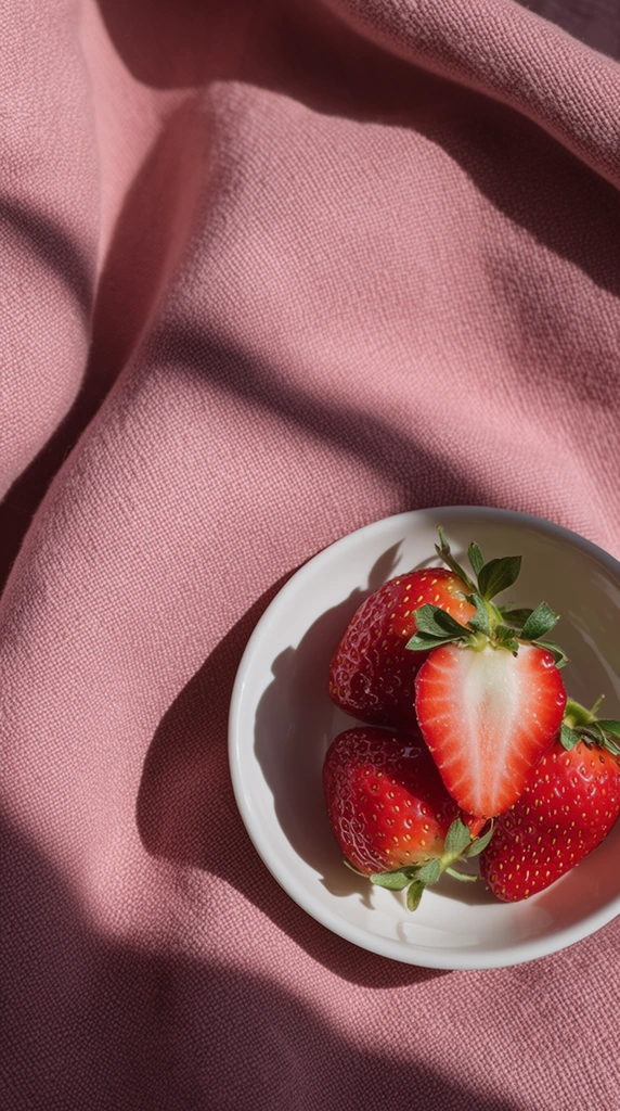 A shallow white bowl holding fresh strawberries rests in the lower-right quadrant on a draped, dusty-pink woven textile. The bowl contains three whole, glossy red strawberries dotted with tiny yellow seeds and vibrant green leaves, topped by a prominent halved strawberry exposing its pale pink and white inner core. Harsh, direct sunlight casts deep, razor-sharp diagonal shadows from the bowl and across the heavy folds of the fabric. The top-down still life composition highlights a harmonious, high-contrast monochromatic palette, juxtaposing the wet sheen of the ripe fruit against the dry, matte texture of the ribbed pink cloth.