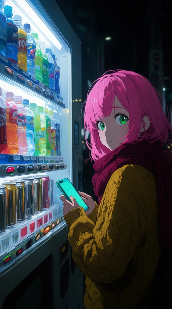 An anime-style illustration of a teenage girl looking back over her right shoulder while standing beside a brightly lit vending machine on a dark city street at night. Her short vibrant pink hair and wide emerald green eyes catch the cool, intense light spilling from the display. She wears a chunky mustard-yellow knit sweater and a thick maroon scarf, grasping a glowing teal smartphone in both hands. The vending machine dominates the left side of the frame, packed with organized rows of vivid plastic beverage bottles and glossy metallic cans under stark white fluorescent light. The composition features high-contrast cinematic night lighting, casting deep shadows on the right side of the character while bathing her left side in a bright neon glow against a blurred, dark urban background.