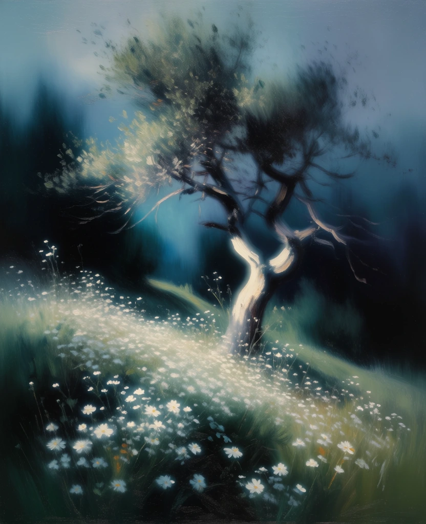 blurry painterly style, deep teal and indigo color palette, high contrast highlights, smudged textures, ethereal motion blur, moody lighting, solitary tree with a gnarled twisted trunk on a windswept hillside of wildflowers, cream and white highlights on the bark and petals, dark moody background, impressionistic brushstrokes, cinematic atmosphere, composition focused on fluid silhouettes, elegant, dreamlike aesthetic, oil on canvas texture, soft out of focus details.