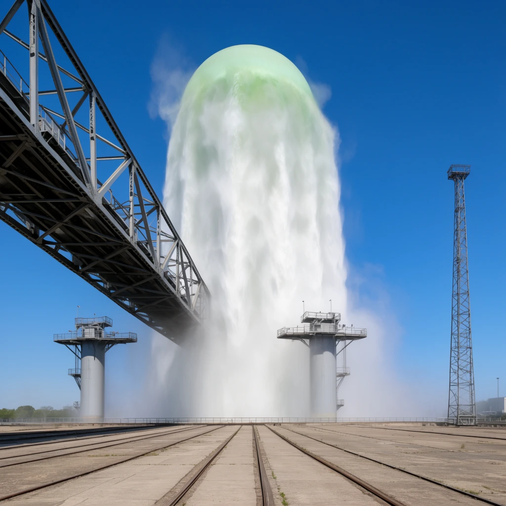 massive vertical column of erupting white water spray with a pale green dome at the peak, dense opaque mist, heavy steel truss bridge extending from the left, grey cylindrical support towers with platforms, flat concrete ground with parallel metal rails, tall lattice tower, clear bright blue sky, wide-angle industrial daytime photography, sharp focus