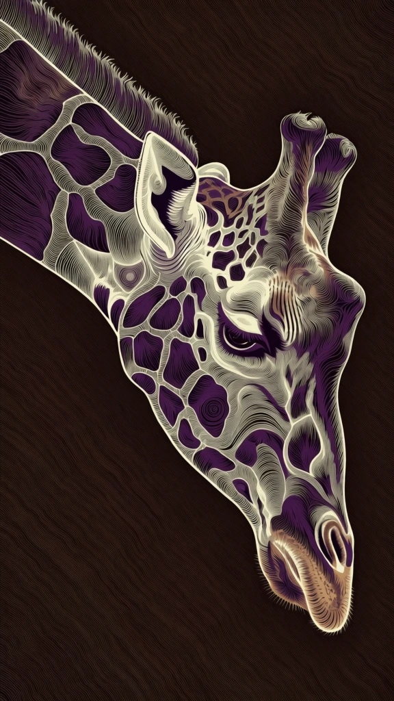 A side profile illustration of a giraffe's head and neck is rendered in an intricate, engraved style against a dark, textured background. The giraffe is composed of thousands of fine, undulating, cream-colored lines that trace the contours of its anatomy. Its characteristic patches are filled with a deep purple hue, within which a secondary, labyrinthine pattern of tiny blue lines resides. The eye is a warm, solid amber color with a dark center, set within a series of concentric cream-colored line-work that defines the lid and socket. Two ossicones with rounded, textured tips sprout from the top of the head, and a single ear points toward the upper left. A distinct ridge of short, parallel horizontal lines runs along the back of the long neck, representing a mane. The background is a uniform, dark umber with a subtle, grainy texture similar to woven canvas or weathered paper. The composition is a close-up, focusing on the upper half of the animal, facing towards the right edge of the frame. The lighting is non-directional, with form and depth defined entirely by the density and orientation of the decorative line-work.