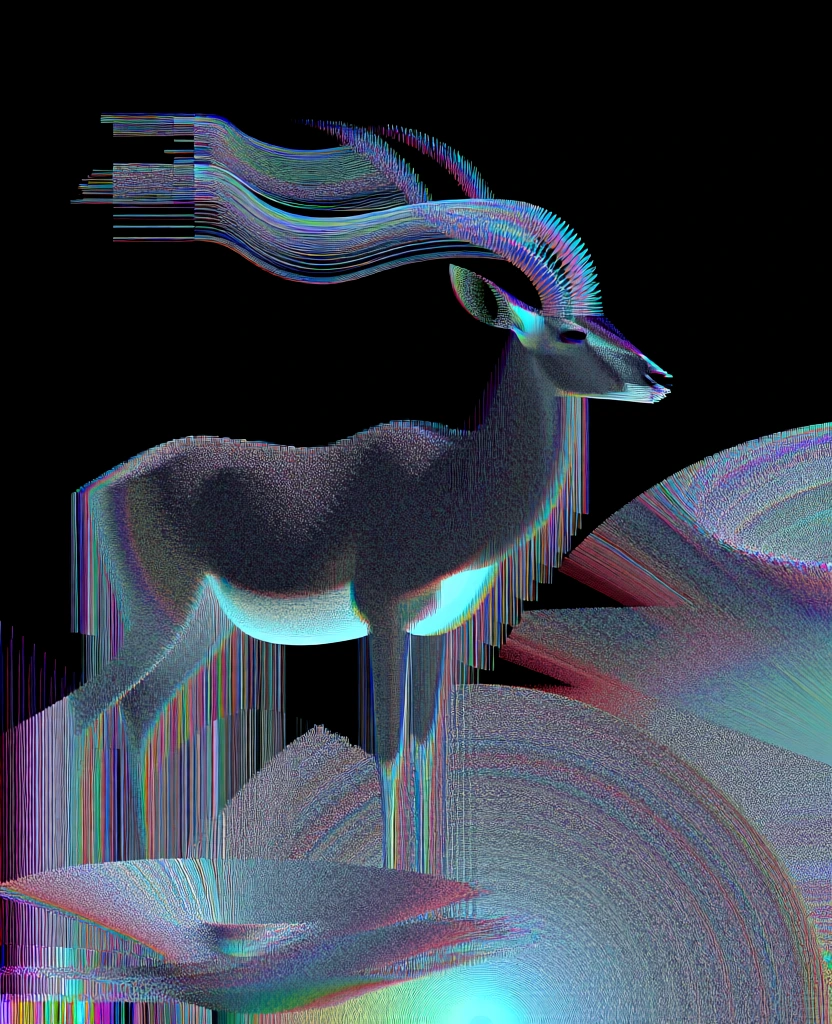 an abstract digital glitch art composition, a majestic antelope with flowing translucent iridescent ribbon horns standing amidst distorted geometric flowers, heavy pixel sorting, vertical line artifacts, granular digital noise, dark black background, vibrant cyan and magenta chromatic aberration, layered fragments, concentric radial distortion patterns, sharp vertical striations, textured grainy surfaces, aesthetic of high-fidelity digital decay, prismatic light, technical error