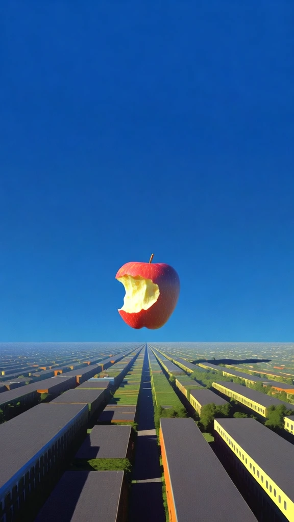 centered one-point perspective composition, giant bitten red apple floating in the dead center over a dense metropolitan grid, strict linear recession to a single vanishing point, clean bold white sans-serif typographic overlays, harsh high-noon direct sunlight with deep high-contrast shadows, vast saturated ultramarine cloudless sky, low horizon line, minimalist deadpan photography, vivid primary color palette, sharp hyper-real digital rendering, surreal liminality, wide-angle deep focus.