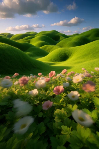 Surreal Verdant Topography style reference image — volumetric low-hanging clouds