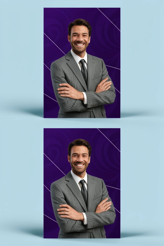 two identical vertical graphic layouts on a light blue surface, smiling man in a grey pinstripe suit with crossed arms, deep purple background with subtle swirls and geometric white lines, soft drop shadows, clean 3D presentation mockup