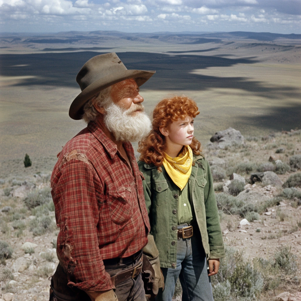 elderly gold prospector with a bushy white beard wearing a tattered red plaid shirt, teenage girl with curly red hair in a green canvas jacket and yellow bandana, standing together on a rocky hillside gazing into the distance, vast arid plateau, sweeping panoramic western landscape, scattered sagebrush, distant rolling hills, large dramatic cloud shadows on the plains, wide cinematic shot, 70s western film aesthetic, grainy Technicolor look, midday daylight, deep depth of field