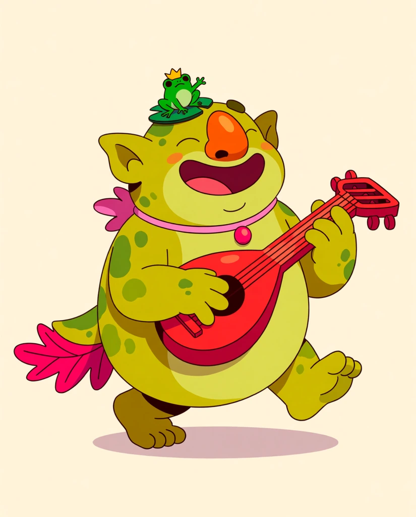 A joyful, rotund green creature walks playfully while strumming a bright red lute. The mottled yellow-green being features a large orange nose, pointed ears, a wide singing mouth, a pink collar, and a leafy pink tail. A tiny crowned frog sits on a lily pad atop its head. The vibrant 2D digital illustration utilizes thick outlines and flat colors against a solid cream background.