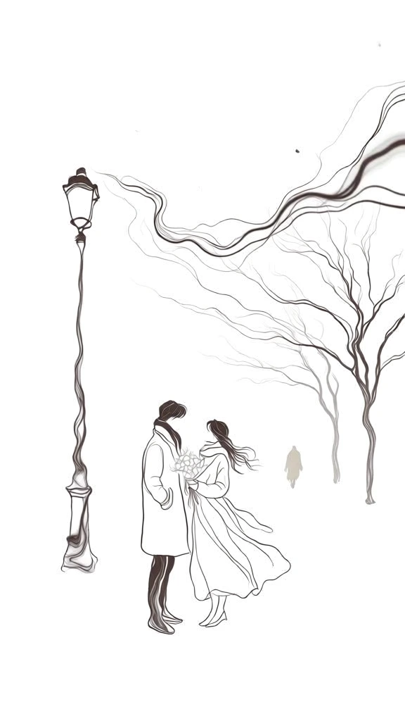 minimalist monochromatic line art aesthetic, ethereal composition using delicate flowing charcoal-like contours, high-contrast black on a white void, calligraphic fluid strokes, man and woman standing close facing each other in the foreground, woman holding a bouquet, tall lamppost to the left, heavy snowfall rendered as rhythmic fine lines and dots, skeletal bare trees in the background, a single distant figure walking to the right, organic wispy textures, elegant minimal style.