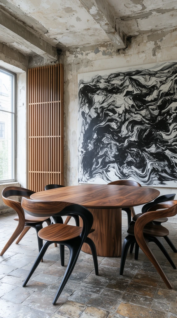 large oval wooden dining table, sculptural walnut and black bentwood chairs, distressed room with exposed concrete and peeling plaster, massive black and white fluid abstract painting on the back wall, vertical wooden slat screen, large window casting bright natural daylight, worn stone tile floor, architectural photography, polished furniture contrasting raw architecture