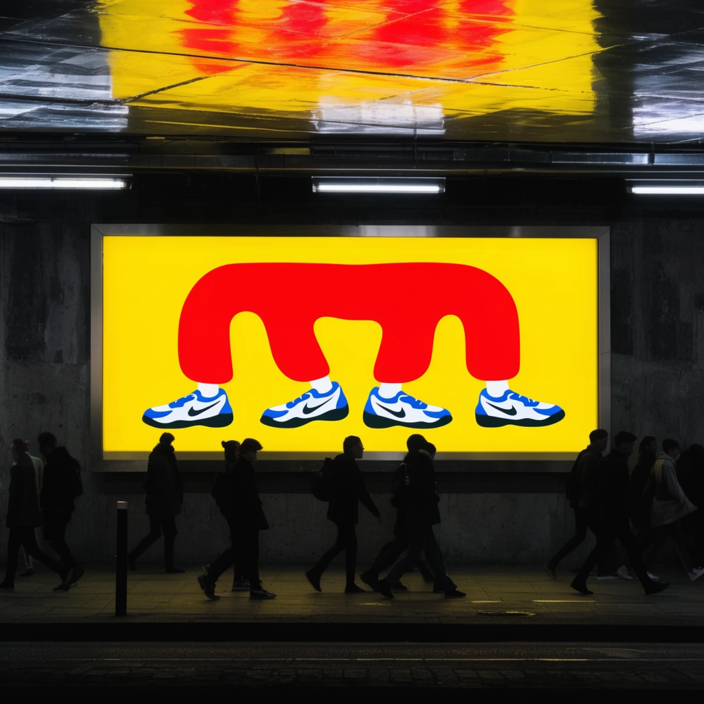 large glowing yellow billboard in a dark urban tunnel, bold red abstract multi-legged graphic wearing blue and white shoes, silhouetted pedestrians walking past, dimly lit concrete underpass, shiny ceiling reflecting fluorescent lights, high contrast street photography, vibrant pop art against deep shadows