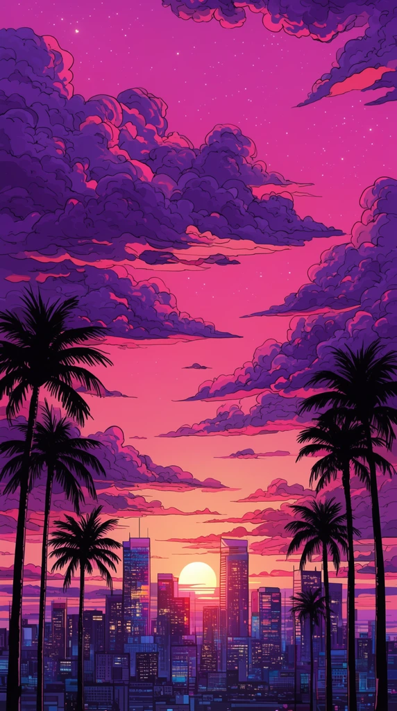 A comic-style digital illustration of a synthwave sunset over a city skyline, framed by tall silhouetted palm trees. The vibrant magenta and peach sky features thick-lined, puffy purple clouds with pink highlights and scattered stars. Skyscapers with glowing windows span the horizon near a bright setting sun, utilizing bold line art and vivid cell shading.