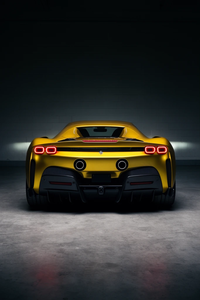 Rear view of a metallic yellow mid-engine sports car parked in a dimly lit garage. The vehicle features a black rear diffuser, dual central exhausts, and glowing red taillights under dramatic studio lighting.