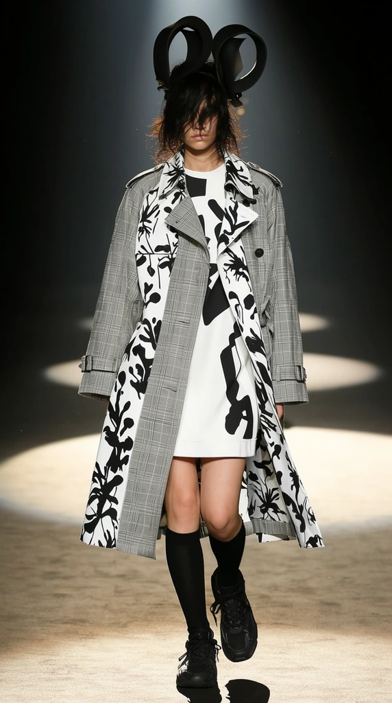 A fashion model strides forward on a darkened runway illuminated by a single, stark overhead spotlight. The attire features a deconstructed trench coat combining classic grey plaid panels with white sections covered in bold, black abstract botanical silhouettes. Beneath the coat, a white tunic dress displays stark black graphic shapes. Dark, messy hair partially obscures the model's face, topped by a sculptural black headpiece resembling two large, rounded loops. Solid black knee-high socks and chunky black lace-up sneakers complete the avant-garde ensemble. The background fades into deep blackness, emphasizing the bright, circular pool of light on the textured floor and casting dramatic shadows that highlight the dynamic mid-stride pose and striking visual contrasts of the garments.