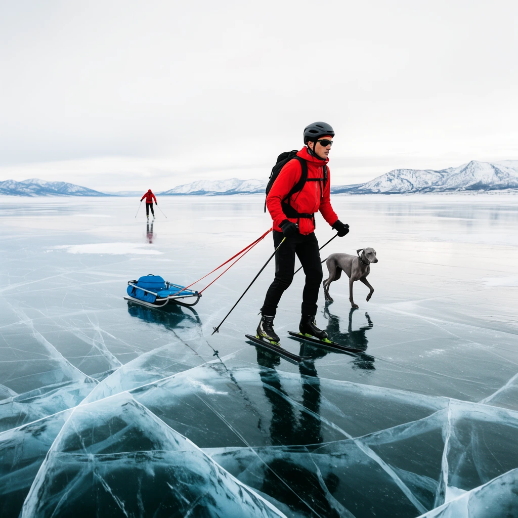 Ice skater on a vast frozen lake of dark transparent ice with deep white cracks, vivid red jacket, helmet, holding ski poles, towing a small blue gear sled, a grey dog running alongside, second distant skater in red, snowy mountain range horizon, pale overcast sky, clear ice reflections, wide-angle adventure photography