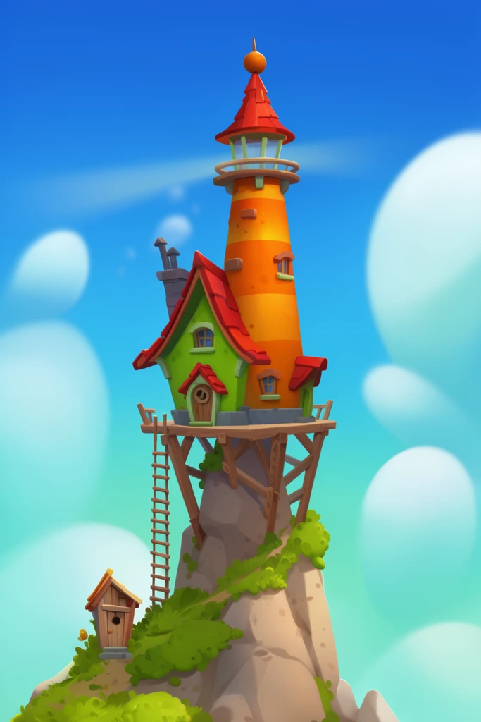 A whimsical orange-striped lighthouse and green cottage balance atop a steep rock spire braced by wooden struts. The vibrant 2D illustration features a red conical roof, a ladder descending to a tiny cliffside outhouse, and smooth, pillowy clouds floating in a bright gradient blue sky.