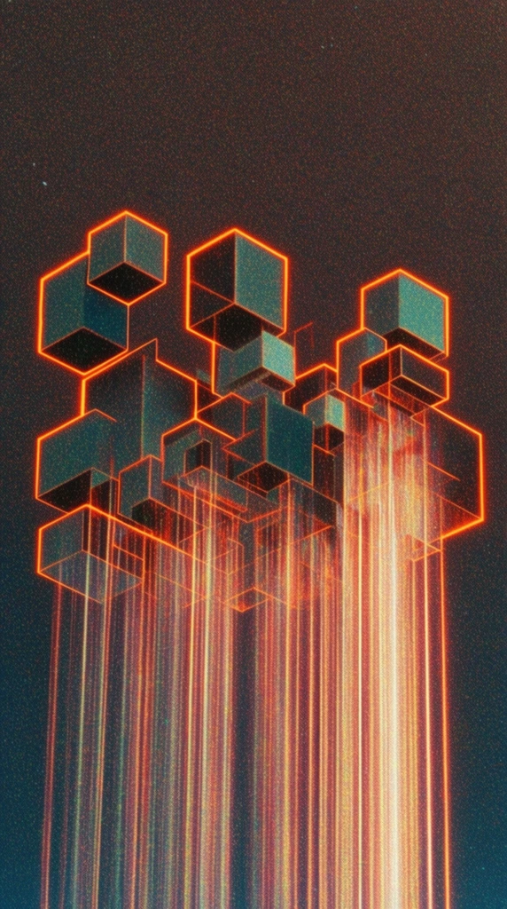 floating 3D geometric blocks, glowing neon orange outlines, long cascading vertical light trails sweeping downward, dark textured background, heavy film grain, retro aesthetic