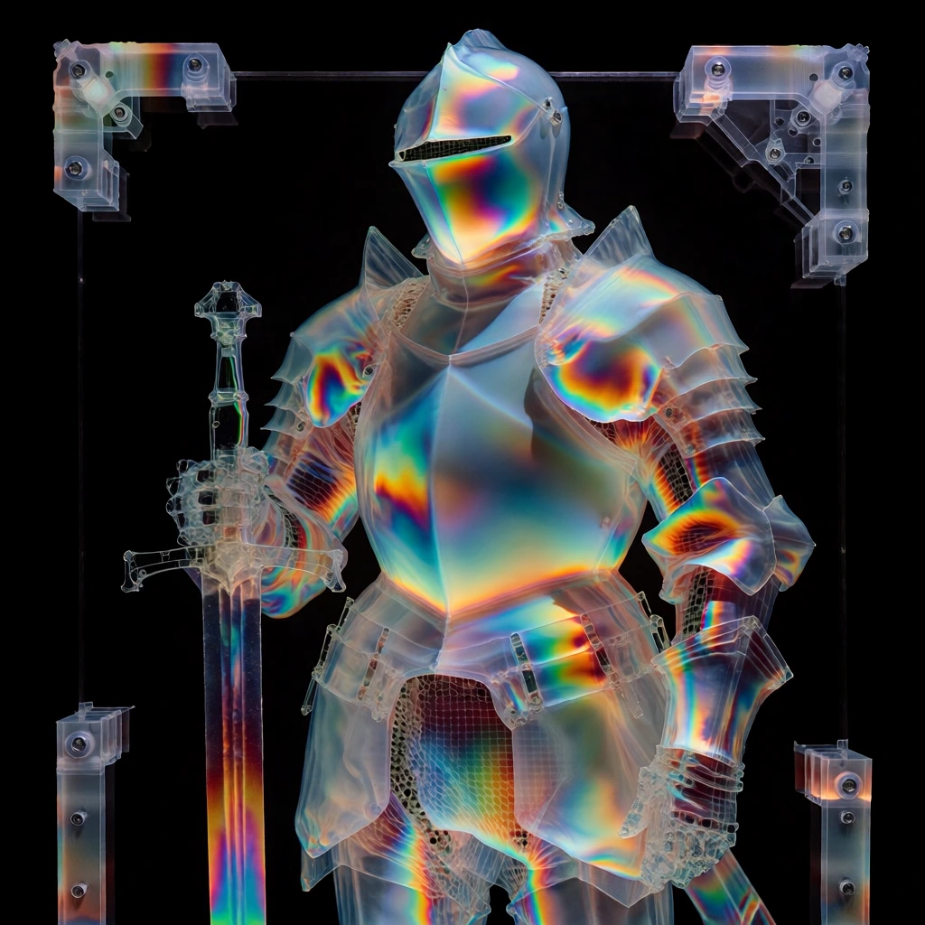 a knight in full plate armor standing with a broadsword planted in the ground, translucent iridescent glass material, visible internal stress patterns using photoelasticity, rainbow-colored spectral fringes, high-contrast dark field lighting against a black background, technical mechanical framing with intricate structural details and screws, ethereal holographic glow, sharp geometric composition, spectral light diffraction, cinematic sci-fi experimental photography style.