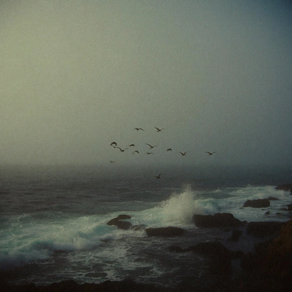 cinematic wide-angle shot, a flock of birds flying over dark waves crashing against a rocky shoreline, moody atmospheric aesthetic, heavy 35mm film grain, muted palette of slate grays and foam white with a subtle green-cast tint, thick hazy overcast sky, minimalist composition with a low horizon line, soft diffuse lighting, nostalgic lo-fi analog quality, deep shadows, capturing a sense of melancholy and natural power, grainy under-exposed texture