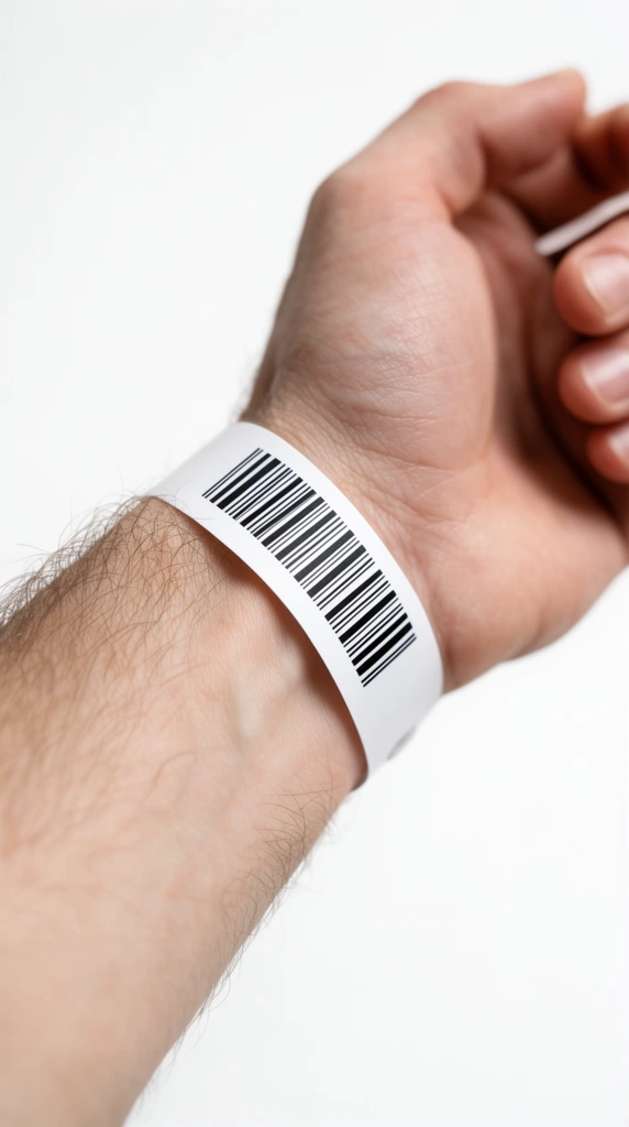 A close-up photograph of a fair-skinned human arm extending diagonally across a stark white background. A crisp white identification wristband wraps securely around the wrist, displaying a printed black barcode pattern. Fine light brown hairs densely cover the forearm, sharply focused in the center of the frame. The fingers of the hand gently curl inward at the top right, softly out of focus due to a very shallow depth of field. Bright, diffused studio lighting highlights the textured skin pores, subtle underlying veins, and the smooth matte finish of the band within the minimalist environment.