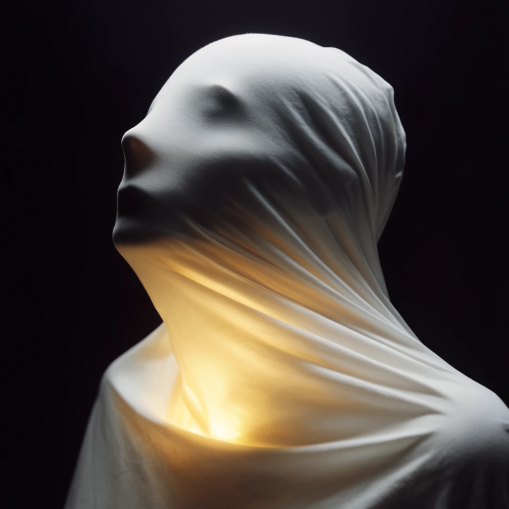 A surreal silhouette of a figure entirely encased in stretched white fabric against a pitch-black background. The tight material reveals facial contours pressing outward, while a warm glowing yellow light illuminates the lower folds from within, highlighted by high-contrast dramatic studio lighting.
