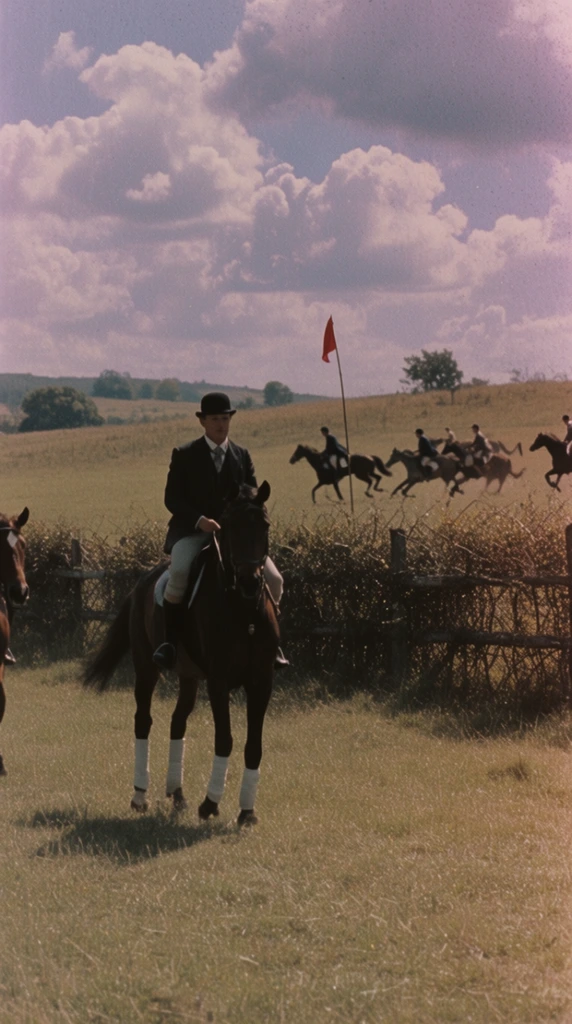 A man in a dark bowler hat, tailored jacket, and light breeches rides a dark brown horse with white leg wraps across a grassy field toward the viewer. At the far left margin, the head of another horse is visible. Behind a midground wooden fence interwoven with dense brush, several riders gallop from right to left past a thin pole bearing a red flag. The rolling landscape consists of dry golden-green grass leading to distant hills dotted with trees. An expansive sky is filled with large cumulus clouds tinged with soft purplish hues. The composition features a vintage film aesthetic with prominent grain, slightly muted colors, and soft natural sunlight casting distinct shadows.