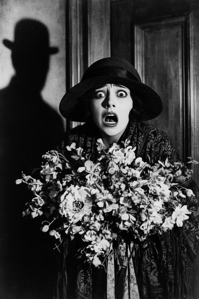 terrified woman in a dark wide-brimmed hat, wide staring eyes and mouth agape in horror, clutching a massive chaotic bouquet of pale flowers, ominous shadow of a bowler-hatted figure on the left wall, dark patterned shawl, wooden door paneling, black and white photography, vintage silent film aesthetic, dramatic chiaroscuro, heavy film grain, high contrast