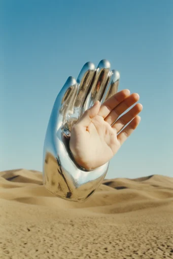 Gilded Desert Surrealism style reference image — polished chrome and gold