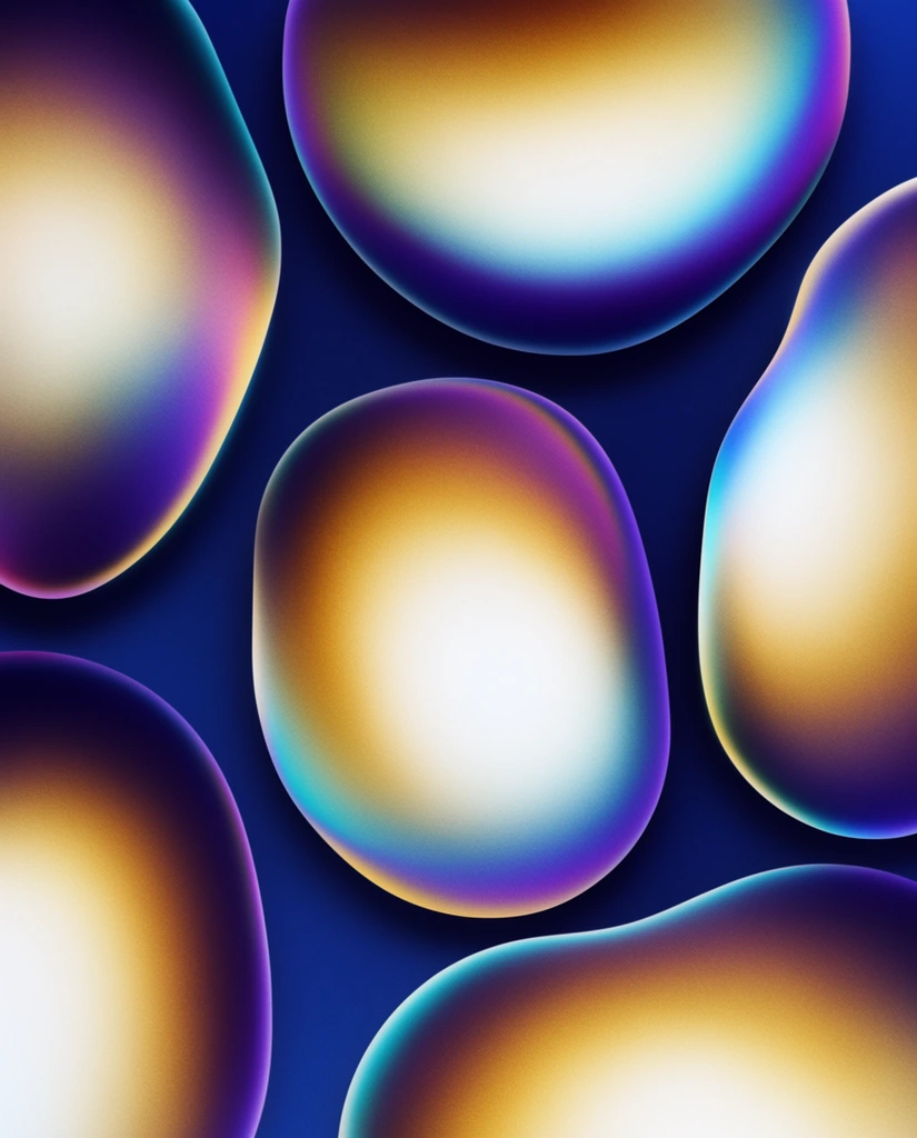 Luminous, amorphous abstract shapes float over a dark blue background, casting soft drop shadows for layered depth. Each organic form features a smooth iridescent gradient shifting from a bright white core to warm gold, deep violet, and glowing cyan edges. A heavy, uniform grain texture overlays the entire digital composition.