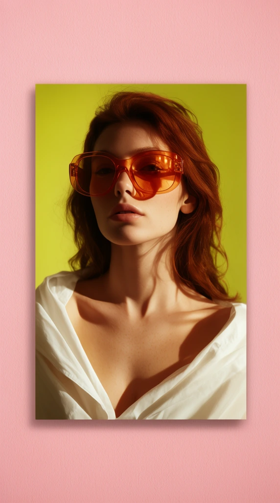 Centered on a textured pastel pink surface, a rectangular fashion portrait casts a soft shadow. Inside the frame, a woman with auburn hair wears oversized orange-tinted sunglasses and a draped white shirt against a vibrant chartreuse background. Dramatic directional lighting casts warm, distinct shadows across her collarbone.
