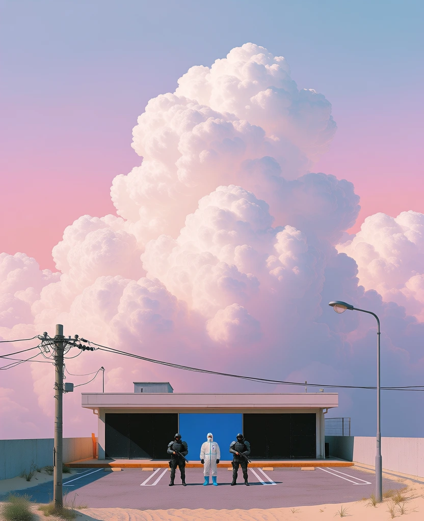surreal dreamcore aesthetic, minimalist composition with a low horizon, empty restaurant parking lot under a massive towering fluffy pink cumulus cloud, soft pastel color palette of dusty rose and lavender and pale blue, ethereal golden hour lighting, a central masked figure standing alongside armored guards, cinematic wide shot, clean and soft painterly textures, liminal space atmosphere, serene and otherworldly mood, high vertical perspective, smooth digital rendering style