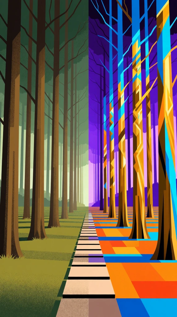 split-screen vector illustration of a towering forest divided by a central stone pathway, left side featuring natural muted brown tree trunks and olive green grass with subtle stipple shading, right side showcasing vibrant geometric transformations with trees adorned in sharp angular gold and cyan patterns, ground covered in abstract bright orange and blue rectangles, background canopy transitioning from hazy green to deep saturated purple, flat vector art style, crisp edges, contrasting conceptual design