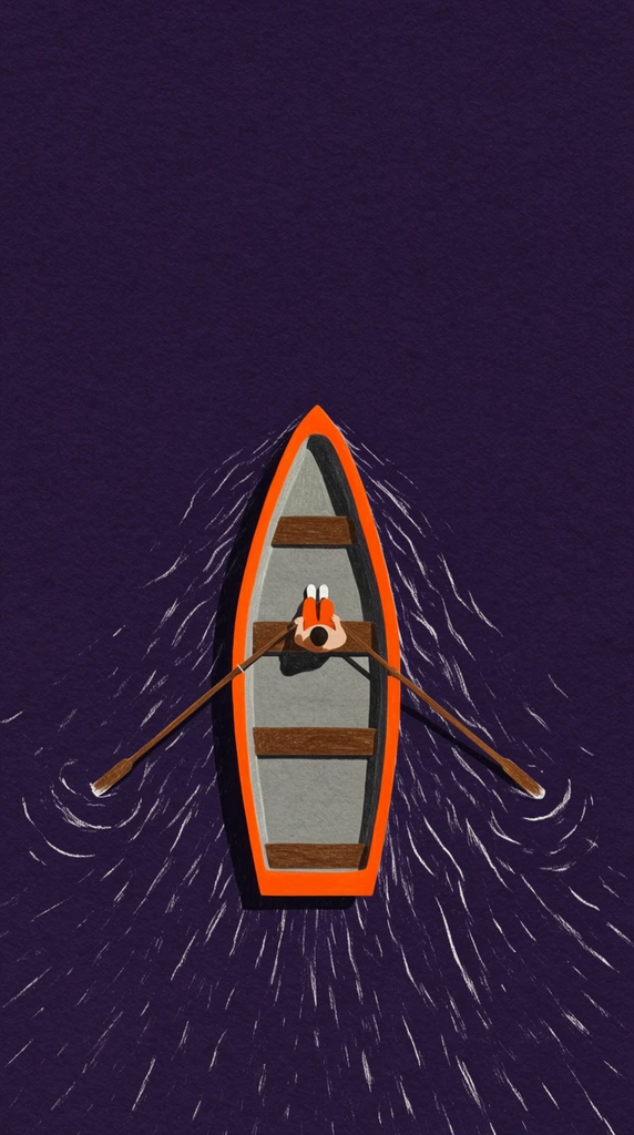 top-down view of a bright orange rowboat on a vast expanse of dark purple water, a small figure near the bow rowing with two wooden oars, flat grey boat interior with three brown wooden seats, stylized scratchy white ripples radiating through the dark water, minimalist composition with immense negative space, vivid color contrast, textured illustration style resembling colored pencil on dark paper