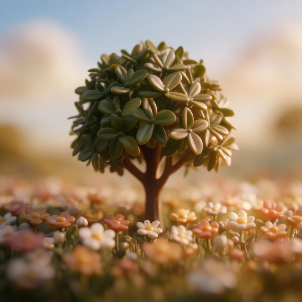 A single tree stands centered in a field of blooming flowers beneath a sky, rendered in a stylized, macro-photography miniature diorama aesthetic. The tree and flowers feature smooth, matte, vinyl toy-like textures with subtle subsurface scattering and crisp specular highlights. Warm, golden directional lighting bathes the scene, creating soft shadows and emphasizing the sculpted, tactile quality of the foliage. An extremely shallow depth of field mimics a close-up macro or tilt-shift lens, keeping the central tree in absolute sharp focus while aggressively blurring the foreground blooms and distant background sky into a creamy, luminous bokeh. The color palette consists of soft, warm earth tones and rich golden hues, seamlessly transitioning into smooth, glowing gradients in the heavily defocused areas to create a highly polished, intimate, three-dimensional atmosphere.