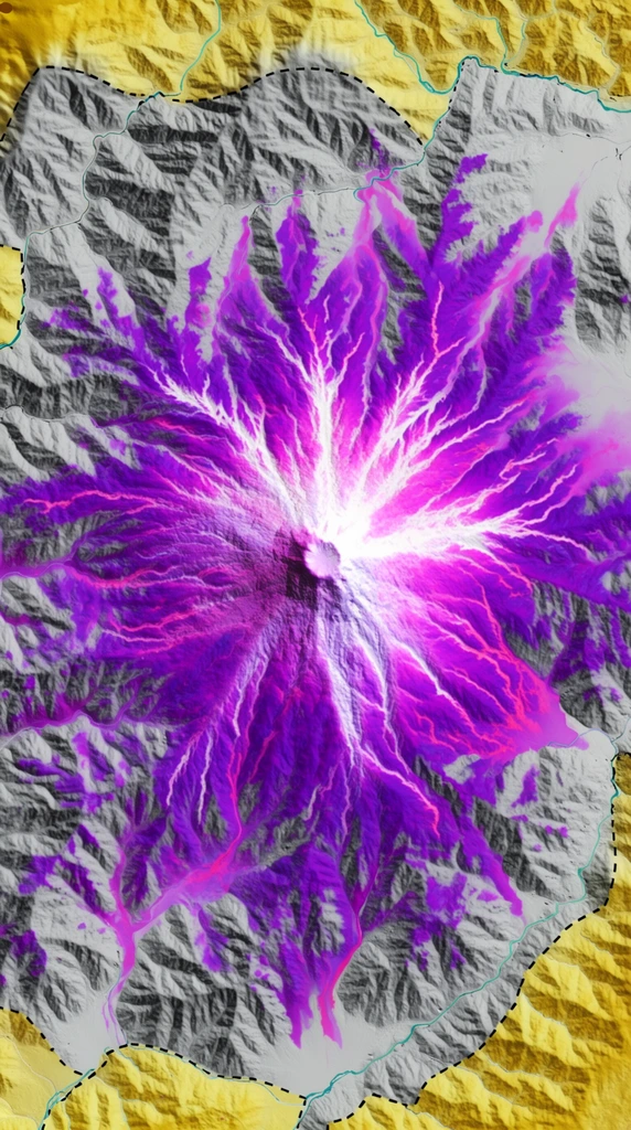 A vibrant false-color topographic map features a central peak radiating striking purple and pink vein-like flows across grayscale mountainous terrain. Viewed from directly overhead, a star-like network of vivid magenta and white textures cascades outward from a bright crater. These intense overlays contrast sharply with the desaturated three-dimensional relief shading of the underlying valleys and ridges. Patches of mustard yellow, dashed black boundary lines, and thin teal rivers accent the outer edges in this high-contrast scientific visualization.
