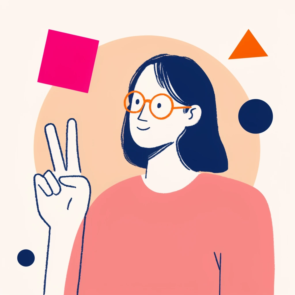 A stylized minimalist illustration of a person with orange glasses and a salmon-pink top raising a peace sign. A large pale orange circle anchors the off-white background, surrounded by floating geometric shapes like a hot pink square, navy circles, and an orange triangle. The artwork features textured line art and bold color blocking.