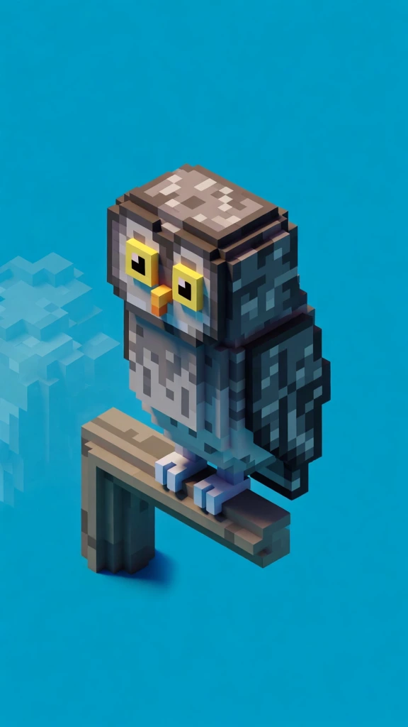 A voxel art representation of a grey owl perched on a blocky branch is centered against a solid cyan background. The owl is constructed from numerous cuboid blocks in shades of charcoal, slate grey, and light grey, which are arranged to create a mottled feather pattern across its body and head. Its head is a large, rectangular block featuring two prominent square yellow eyes with smaller black square pupils and a tiny, yellow-orange cuboid beak positioned between them. The owl's body is an elongated vertical structure with darker grey blocks representing folded wings on its sides. Two small, light-blue blocky feet grip a thick, L-shaped grey branch that is also composed of rectangular voxels. The owl is oriented in a three-quarter view, looking slightly downward and to the left. The entire scene is set against a uniform, bright cyan-blue background that contains faint, semi-transparent voxel cloud formations on the middle-left side. The composition uses an isometric perspective, providing a three-dimensional view of the low-poly model. Soft, directional lighting from the upper left casts subtle shadows on the right-facing surfaces of the blocks, defining the owl's form and the texture of the branch. The color palette is composed of muted greys and vibrant yellows contrasted against the saturated blue environment, all rendered with clean, sharp edges characteristic of digital voxel art.