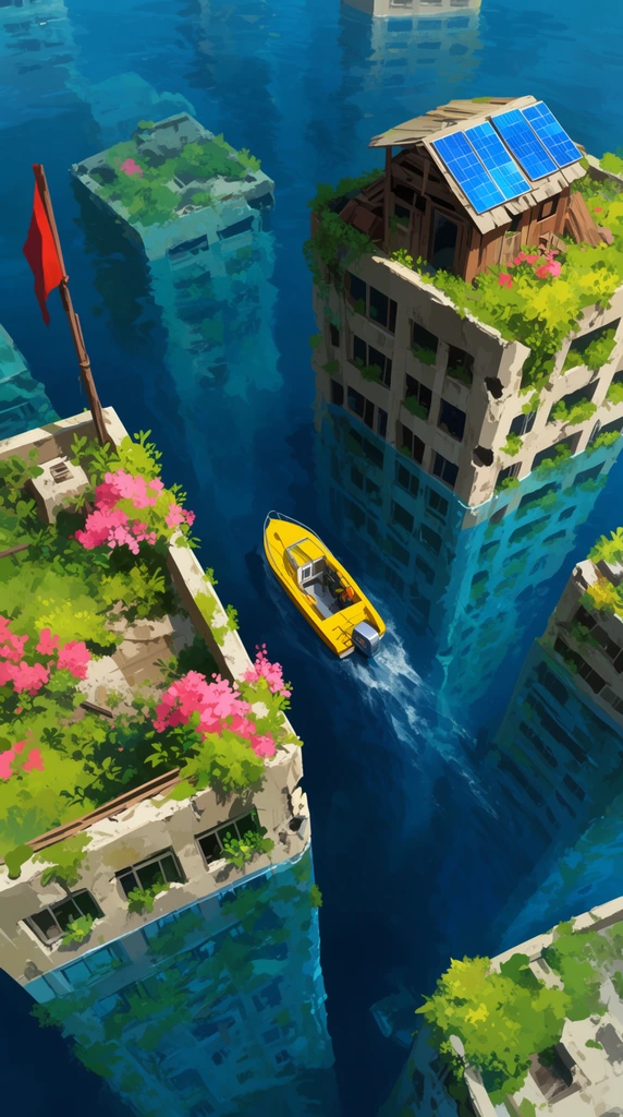 A bright yellow motorboat navigates deep blue water between submerged skyscrapers in a top-down perspective. The flooded concrete structures plunge into clear depths, their rooftops overgrown with vibrant pink and lush green vegetation. One building features a wooden shack with bright blue solar panels, while a red flag tops a nearby wooden pole. The vivid digital painting highlights crisp sunlight and dramatic vertical depth within the ruined urban canyon.
