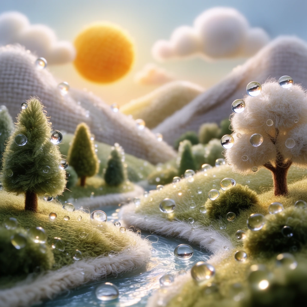 A hyper-realistic macro photograph of a miniature landscape scene constructed entirely of textiles, featuring a sun, clouds, mountains, rolling hills, a winding river, and numerous trees. The fabricated environment exhibits an extremely tactile, plush quality, with every surface of the rolling hills and miniature trees densely covered in fine, white, hair-like fibers that create a fuzzy, velvety texture. Clinging intimately to the frayed edges and fibrous curves of the fabric hills, the winding river, and the plush foliage are dozens of perfectly spherical, crystal-clear water droplets, each capturing sharp specular reflections and tiny inverted refractions of the scene. The lighting provides a vibrant, translucent rim glow around the fuzzy textile boundaries, emphasizing the intricate micro-textures. Shot with an exceptionally shallow depth of field, the central elements remain in razor-sharp focus, while the background fabric mountains, sun, and clouds smoothly transition into a creamy, heavily blurred bokeh of soft, luminous colors, mimicking the precise aesthetic of extreme macro studio photography.