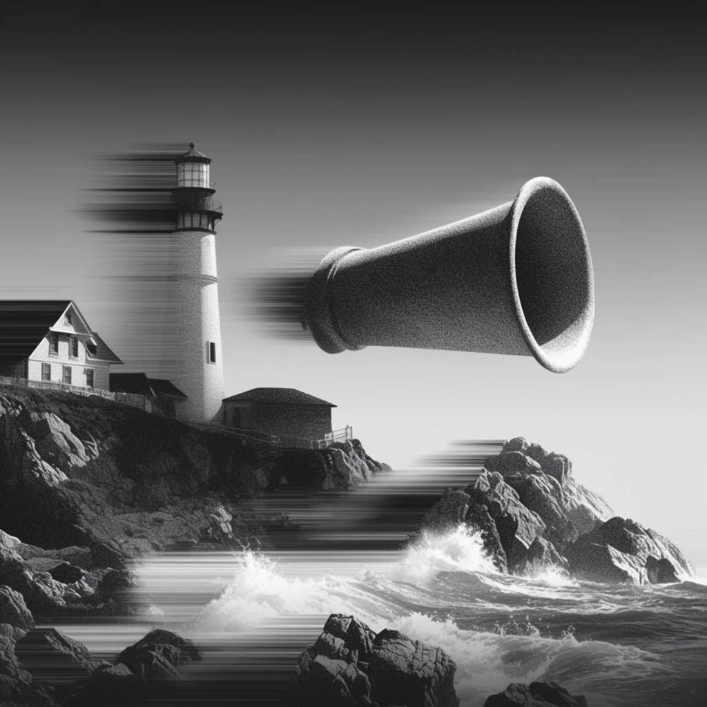 A surreal monochromatic composition of a single large foghorn floating centrally above a rocky coastal landscape, rendered with a stark, high-contrast grayscale palette and dense stippled grain. On the left side, a tall lighthouse and an adjoining building rest on a steep cliffside. In the foreground, ocean waves crash violently against sharp, jagged rocks. A severe, horizontal smearing effect drags sharply to the left from the right-facing contours of the floating foghorn, the lighthouse tower, the building roofline, and the cresting waves, creating distinct horizontal motion blur and pixel-sorted streaks. Illumination strikes from the top right, starkly highlighting the right facets of the structures and the foghorn while casting deep, textured shadows on their lower left sides. The environment sits against a minimalist, smooth background gradient transitioning seamlessly from dark charcoal at the extreme top and bottom edges to a luminous pale gray directly behind the central focal points.