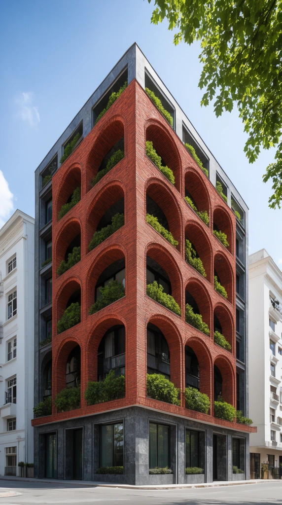 A low-angle architectural view of a modern corner building featuring a striking red brick facade with deep, repeating arched balconies overflowing with lush green foliage. Dark grey stone cladding and large windows line the recessed walls and ground floor. The photorealistic structure is flanked by white buildings under a bright blue sky, framed by a leafy green tree branch in the upper right.