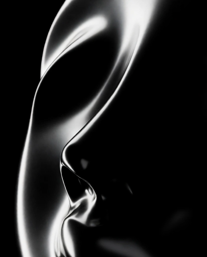 Extreme close-up of a sleek obsidian sculpture featuring organic curves resembling a facial profile. Harsh white lighting creates sweeping highlights along prominent contours against a pitch-black void. Dramatic chiaroscuro emphasizes the polished, highly reflective textures fading into deep shadows.
