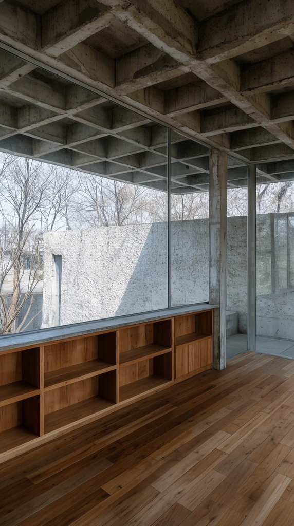 brutalist interior, exposed concrete waffle slab ceiling, diagonal wood flooring, built-in wooden shelving, expansive glass windows, textured exterior wall, bare trees, natural daylight, architectural photography