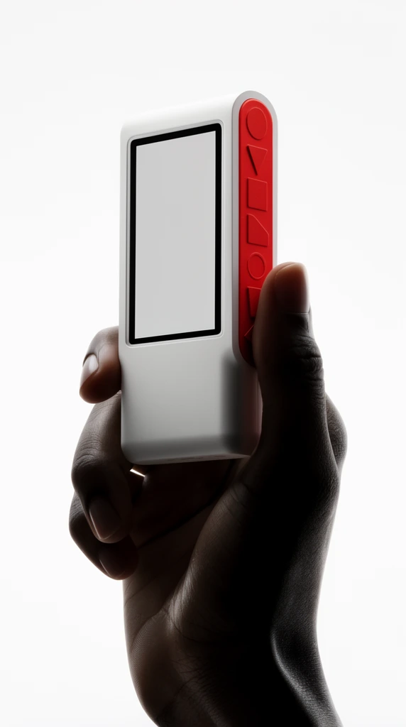 dark hand holding a compact white electronic device, matte casing, minimalist monochrome screen, bright red side panel with debossed geometric shapes, studio product photography, deep shadows on skin, pure seamless white background