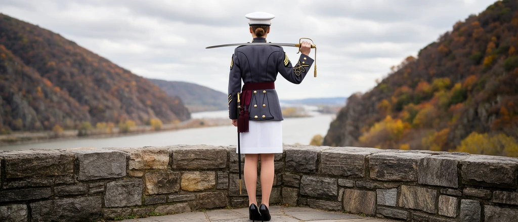 A person in a formal military dress uniform stands facing away on a rustic stone wall, holding a sword horizontally across their shoulders overlooking a sweeping river valley. The attire includes a white peaked cap, dark grey tailored jacket with gold buttons and sleeve chevrons, burgundy tasseled sash, white skirt, and black heels. They grip the sword's hilt and blade, a scabbard hanging at their left side. Beyond the parapet, a wide river flows between steep hills dotted with autumn foliage. The low-angle photographic composition contrasts the crisp uniform against the softly focused landscape under a cloudy sky.