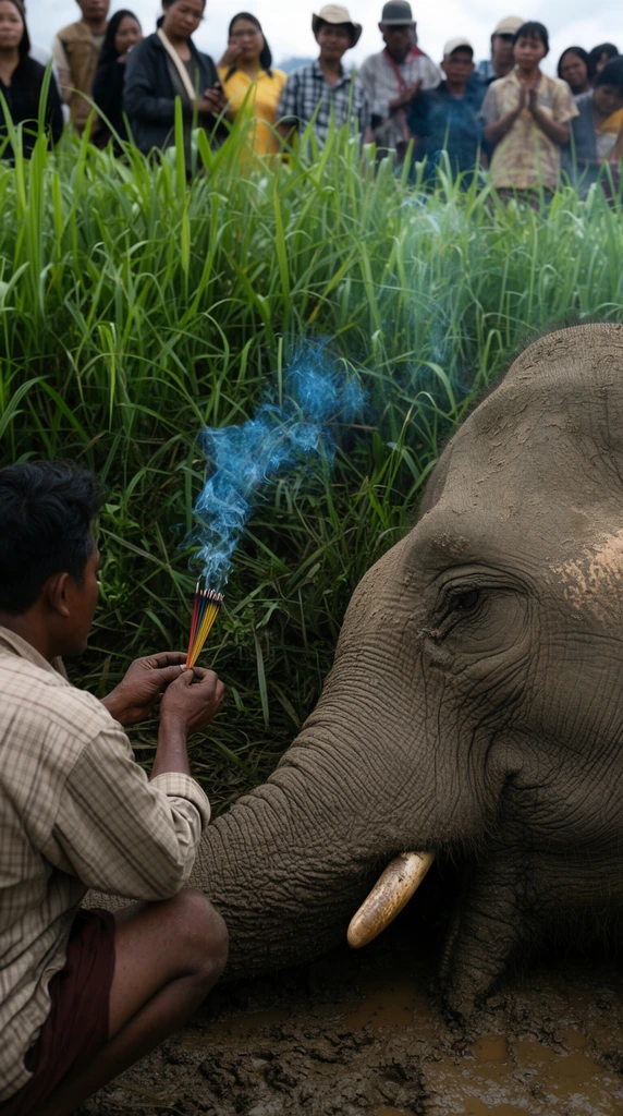 kneeling man holding burning incense emitting blue smoke toward a large elephant lying in mud, thick wrinkled gray skin, small tusk, vibrant green tall grass, group of onlookers standing in background, close-up documentary photograph, natural overcast lighting, low angle shot, earthy tones